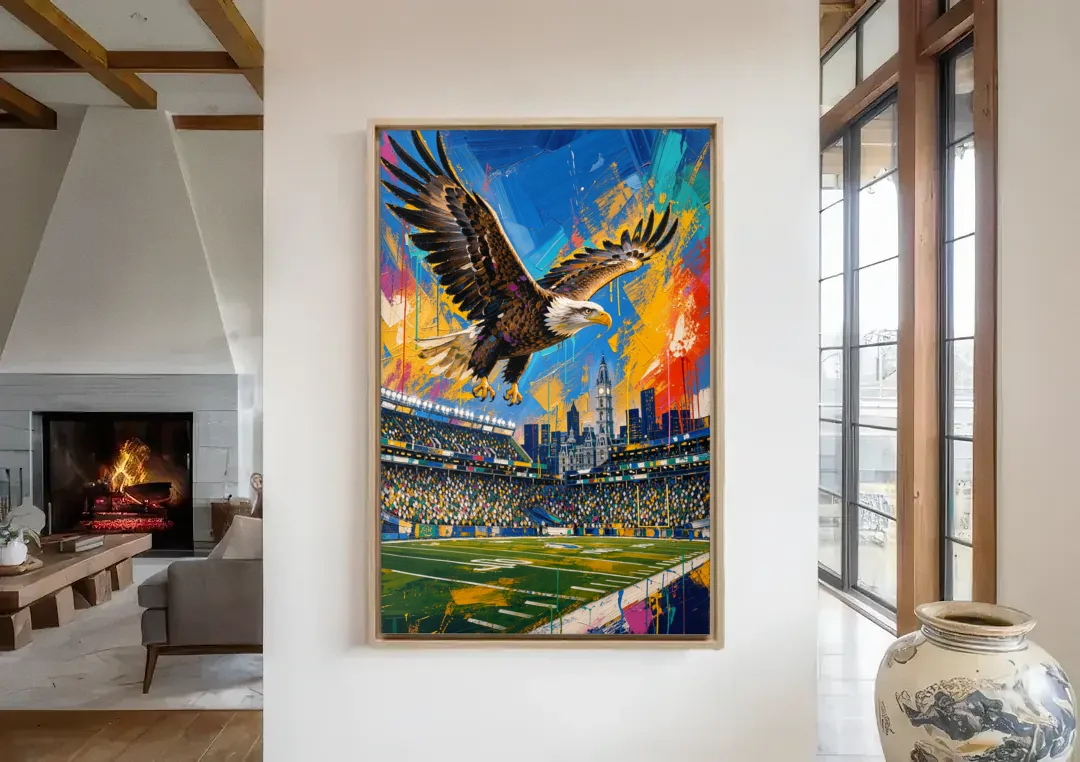 Philadelphia Eagles Symbolic Composition Painting canvas wall art in a living room with a fireplace