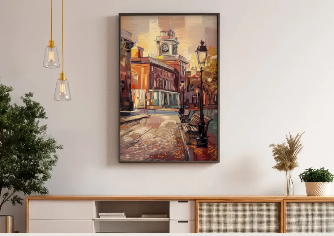 Philadelphia Historic District canvas wall art above a wooden sideboard under pendant lights