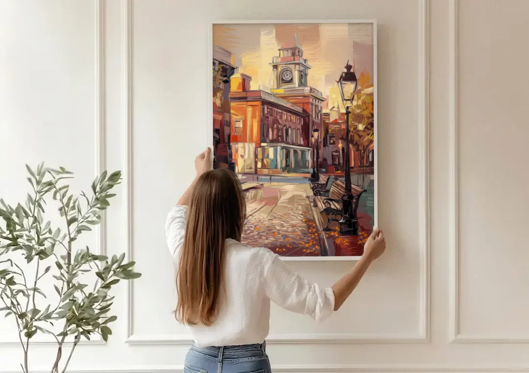 Philadelphia Historic District canvas wall art being hung on a paneled wall