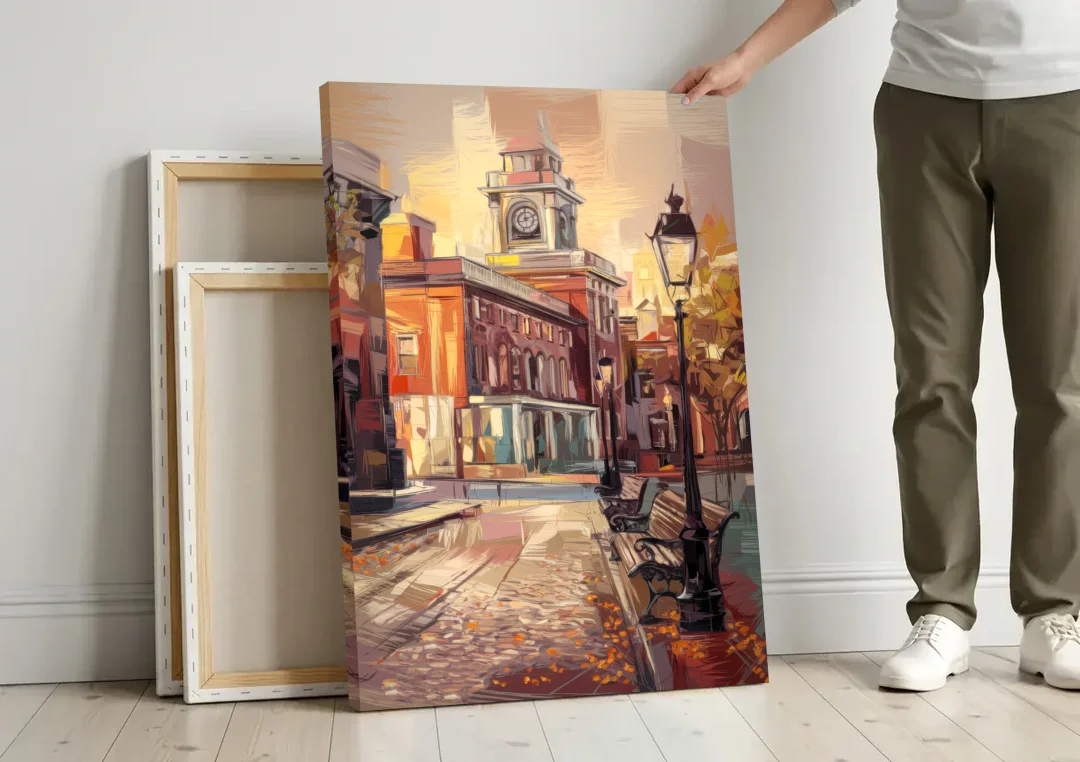 Philadelphia Historic District canvas wall art leaning against a wall next to blank canvases