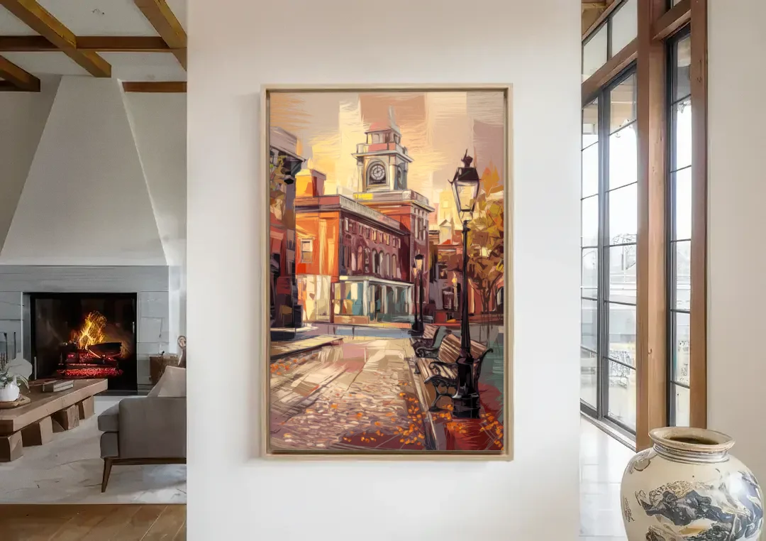 Philadelphia Historic District canvas wall art in a living room with a fireplace