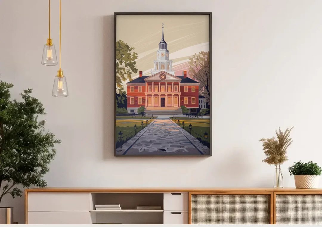 Philadelphia Independence Hall canvas wall art above a wooden sideboard under pendant lights