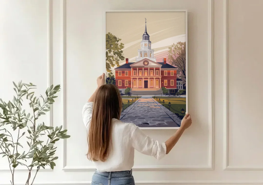 Philadelphia Independence Hall canvas wall art being hung on a paneled wall