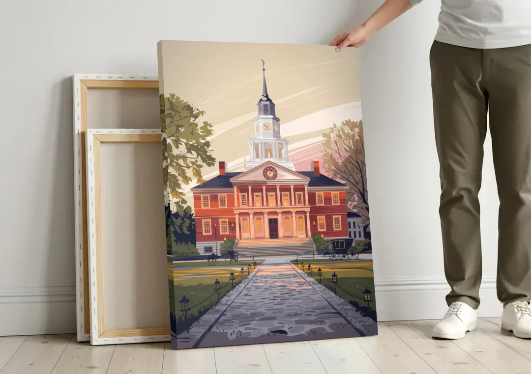 Philadelphia Independence Hall canvas wall art leaning against a wall next to blank canvases