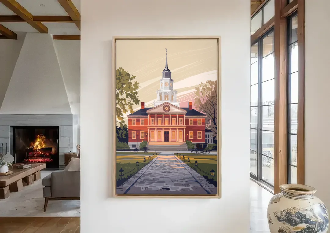 Philadelphia Independence Hall canvas wall art in a living room with a fireplace