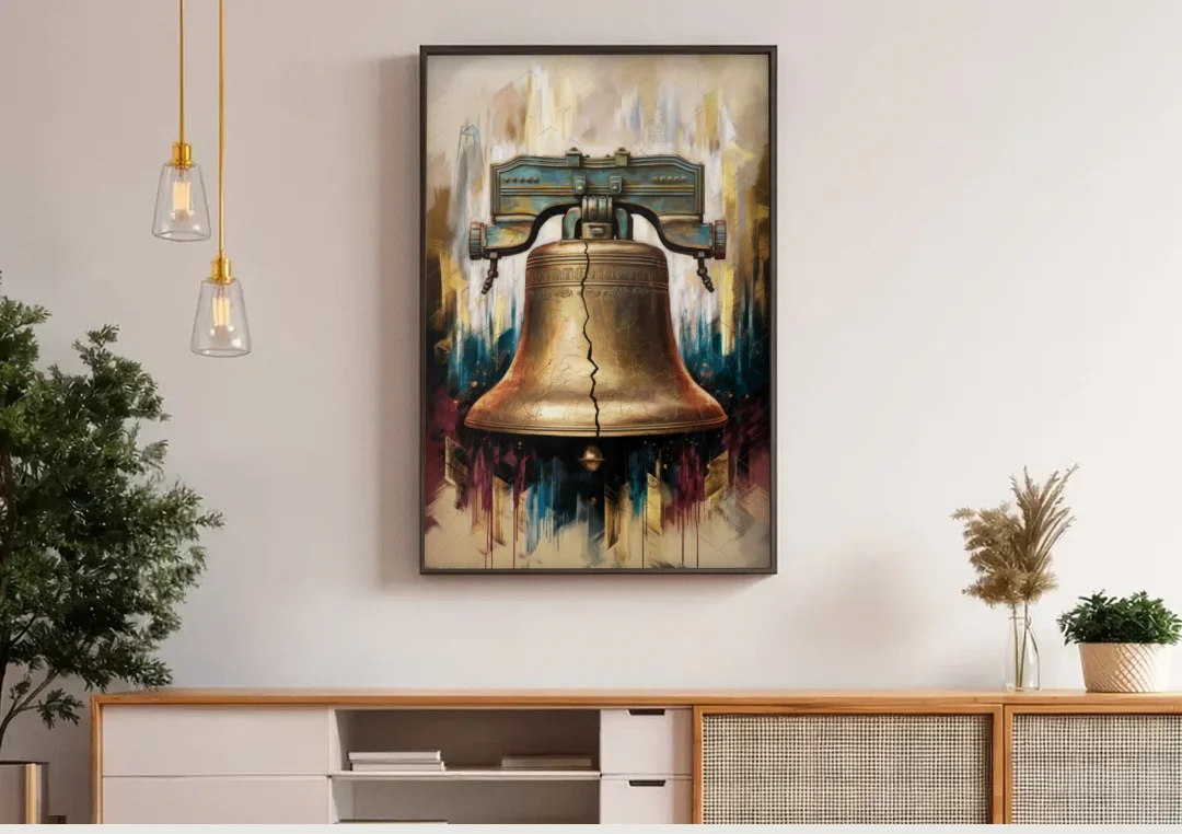 Philadelphia Liberty Bell canvas wall art above a wooden sideboard under pendant lights