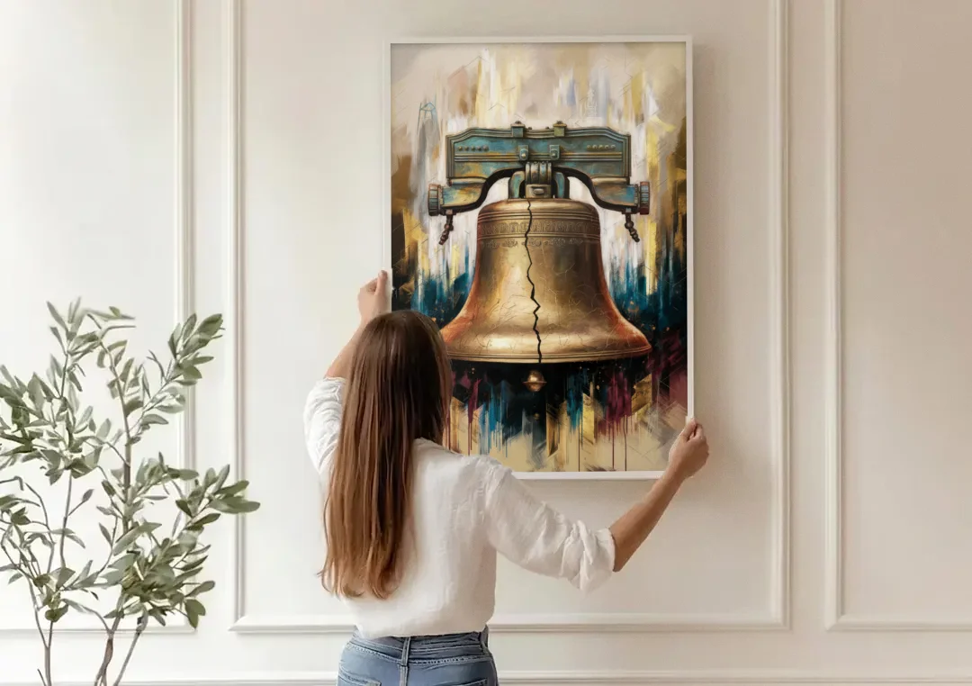 Philadelphia Liberty Bell canvas wall art being hung on a paneled wall