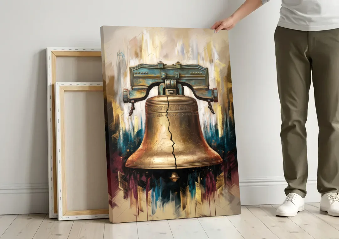 Philadelphia Liberty Bell canvas wall art leaning against a wall next to blank canvases