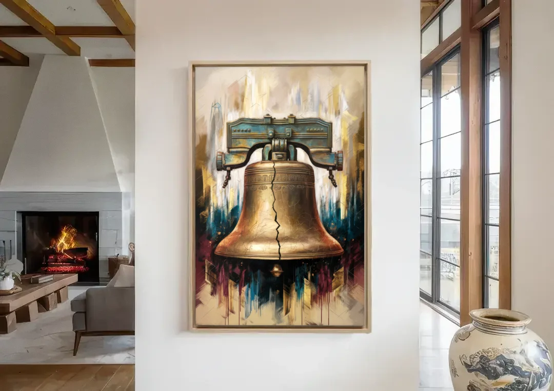Philadelphia Liberty Bell canvas wall art in a living room with a fireplace