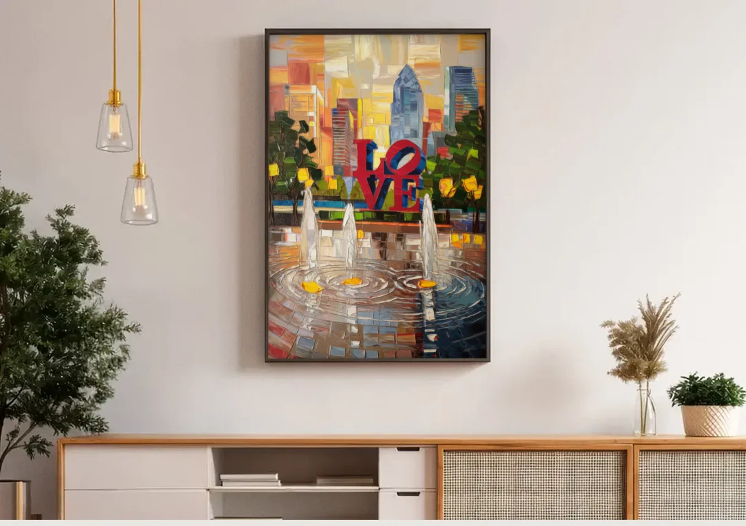 Philadelphia Love Park canvas wall art above a wooden sideboard under pendant lights