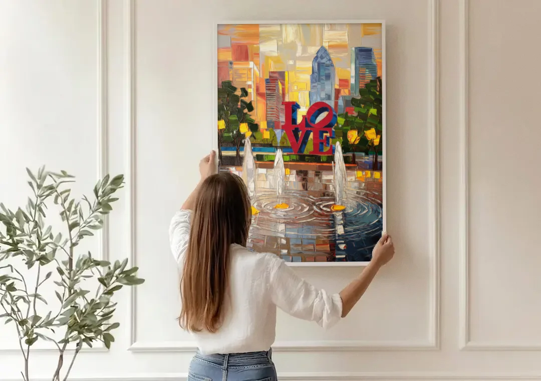 Philadelphia Love Park canvas wall art being hung on a paneled wall
