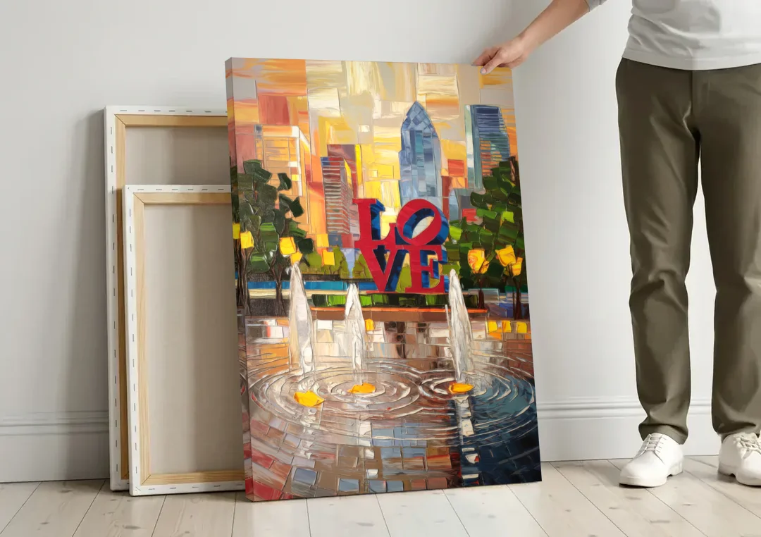 Philadelphia Love Park canvas wall art leaning against a wall next to blank canvases