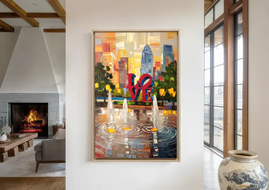 Philadelphia Love Park canvas wall art in a living room with a fireplace