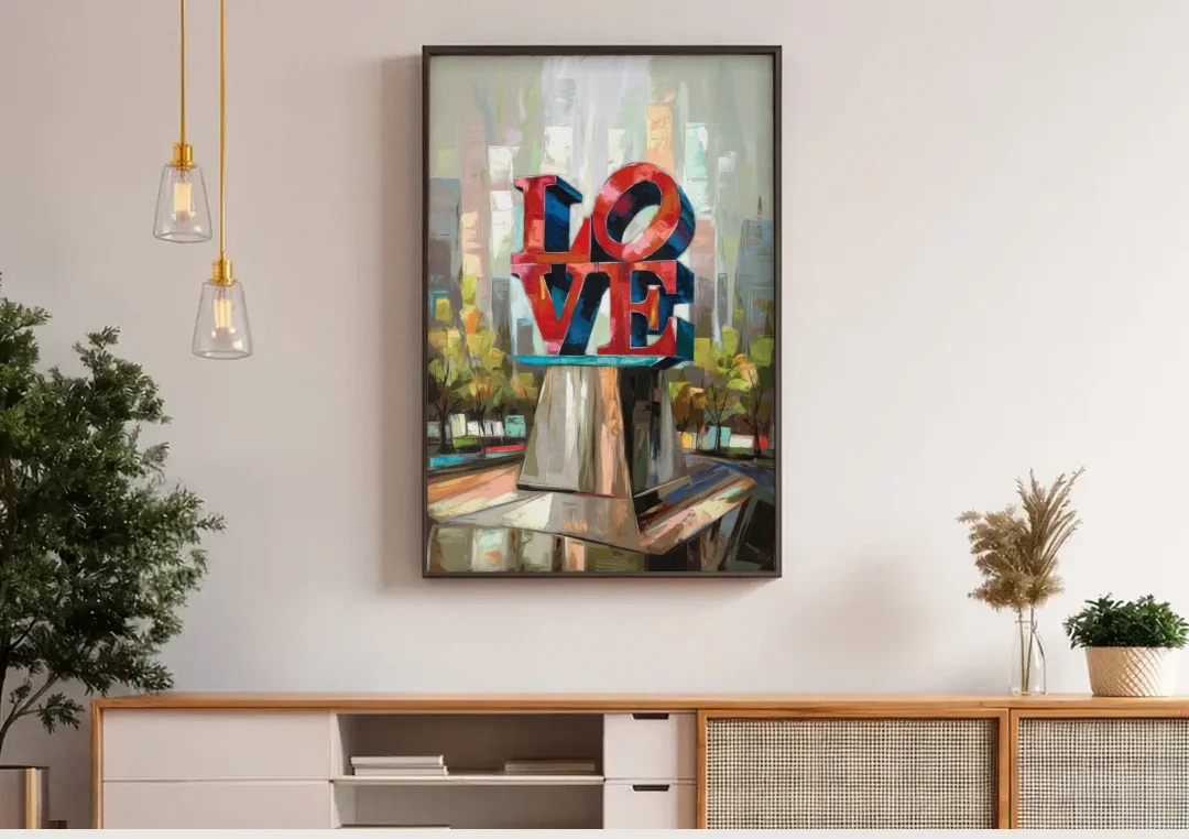 Philadelphia Love Sculpture canvas wall art above a wooden sideboard under pendant lights