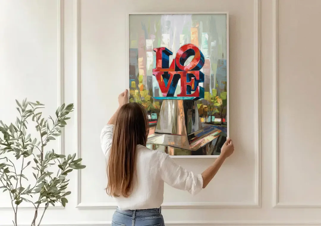 Philadelphia Love Sculpture canvas wall art being hung on a paneled wall