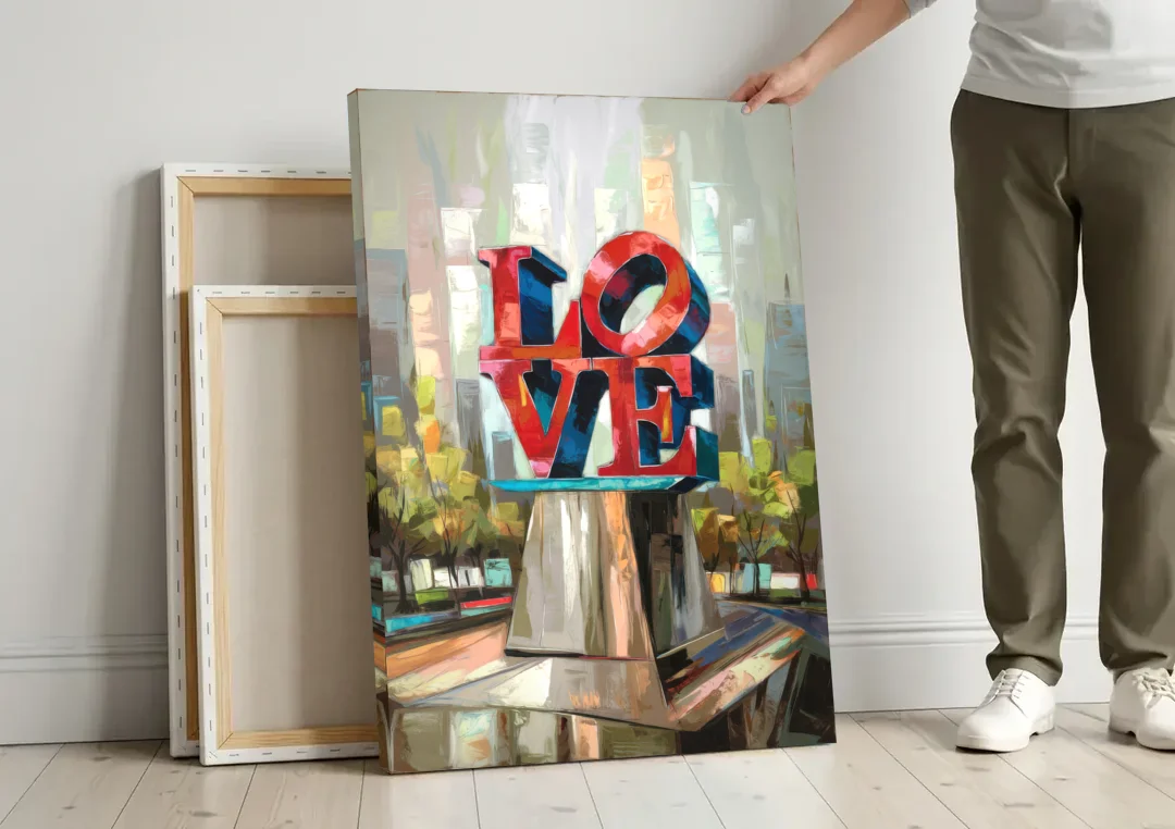 Philadelphia Love Sculpture canvas wall art leaning against a wall next to blank canvases