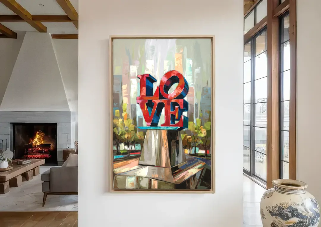 Philadelphia Love Sculpture canvas wall art in a living room with a fireplace