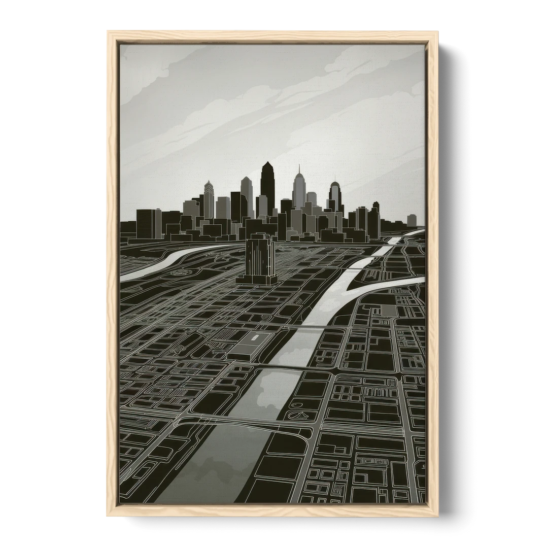 Philadelphia Map Design - Oak Framed Canvas Wall Art - Front