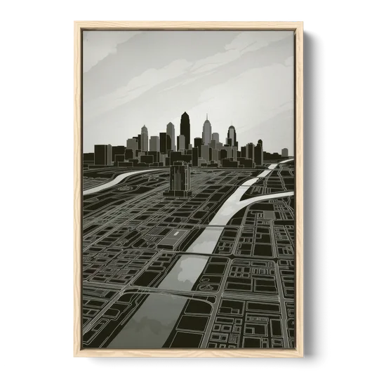 Philadelphia Map Design - Oak Framed Canvas Wall Art - Front