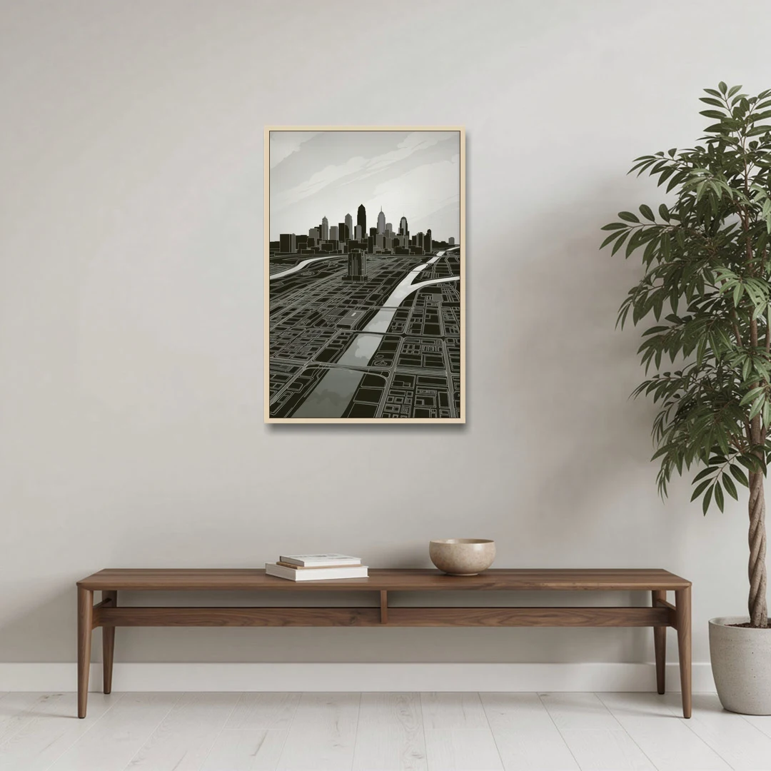 Philadelphia Map Design - Oak Framed Canvas Wall Art - Coffee Table - 24x36