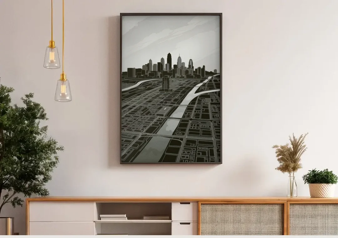 Philadelphia Map Design canvas wall art above a wooden sideboard under pendant lights