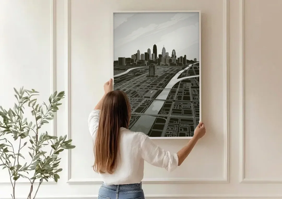 Philadelphia Map Design canvas wall art being hung on a paneled wall