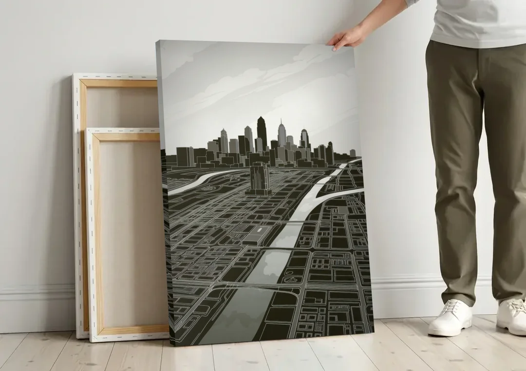 Philadelphia Map Design canvas wall art leaning against a wall next to blank canvases