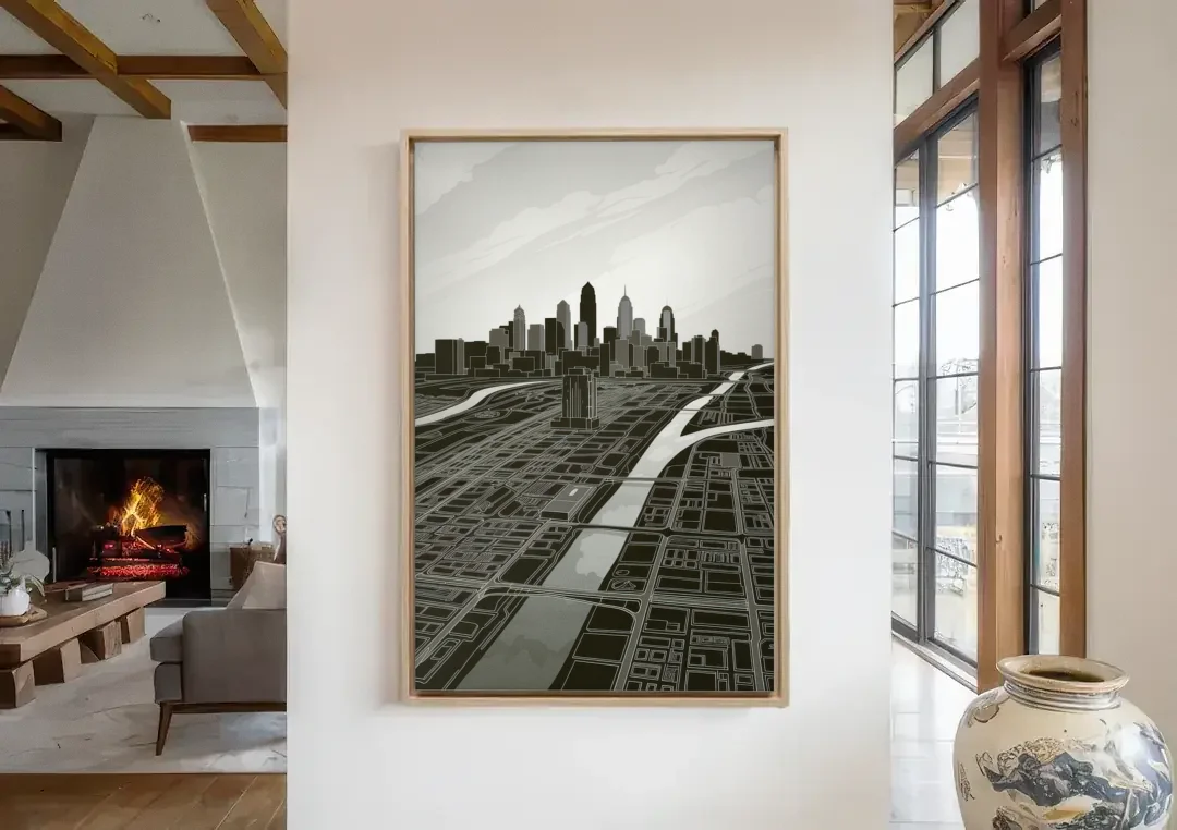 Philadelphia Map Design canvas wall art in a living room with a fireplace