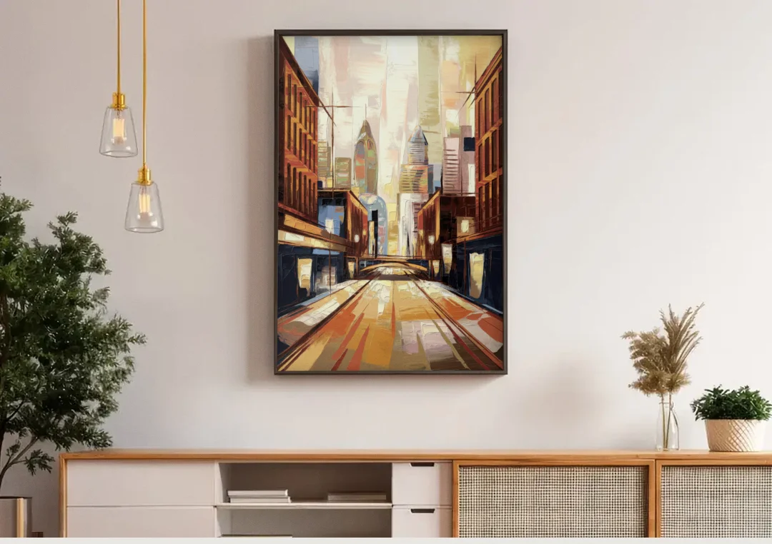 Philadelphia Market Street canvas wall art above a wooden sideboard under pendant lights