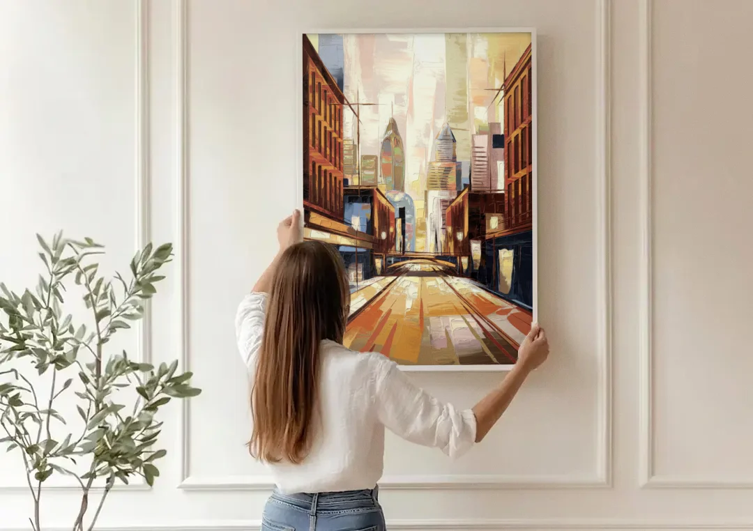 Philadelphia Market Street canvas wall art being hung on a paneled wall