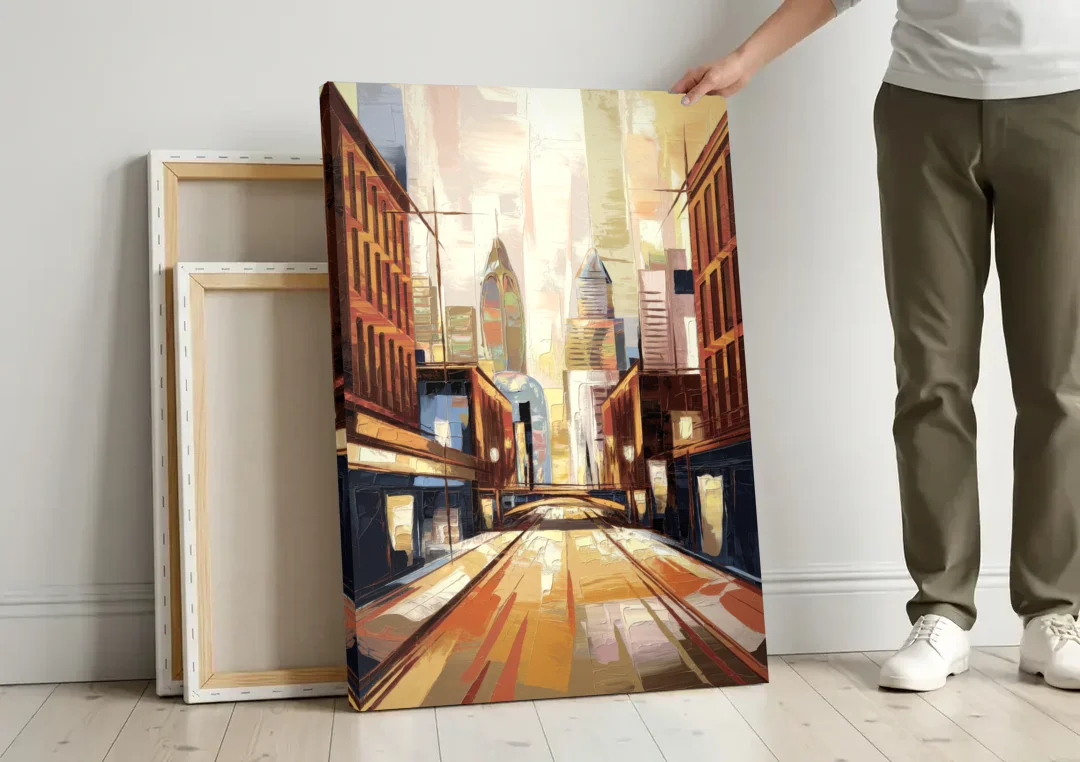 Philadelphia Market Street canvas wall art leaning against a wall next to blank canvases