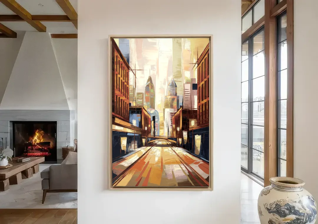 Philadelphia Market Street canvas wall art in a living room with a fireplace