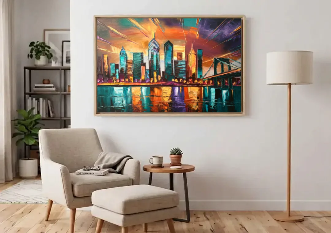 Philadelphia Mural Art canvas wall art above an armchair in a bright living room