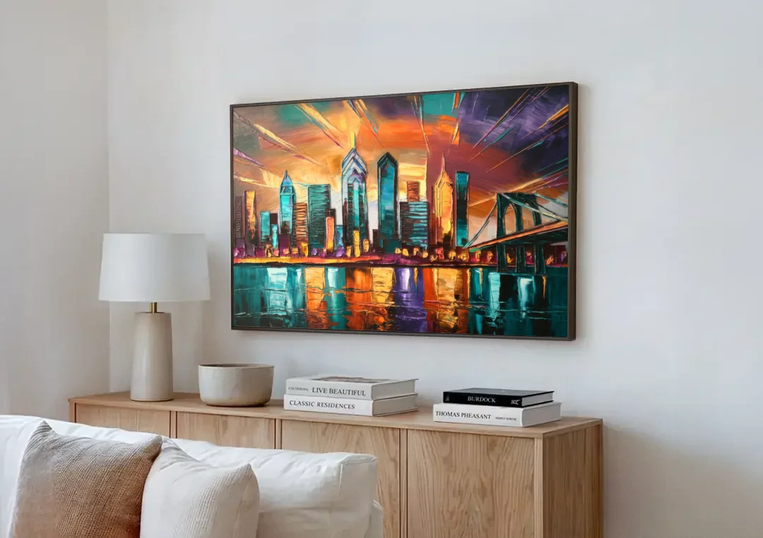 Philadelphia Mural Art canvas wall art above a wooden sideboard next to a sofa