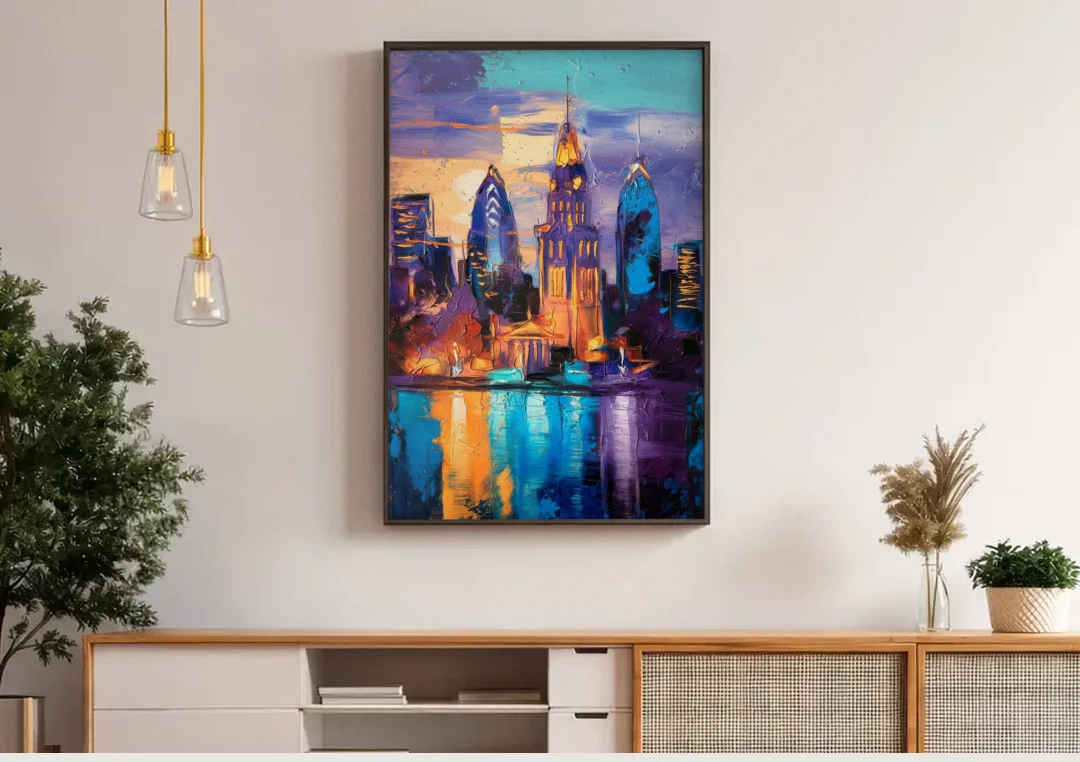 Philadelphia Old City canvas wall art above a wooden sideboard under pendant lights