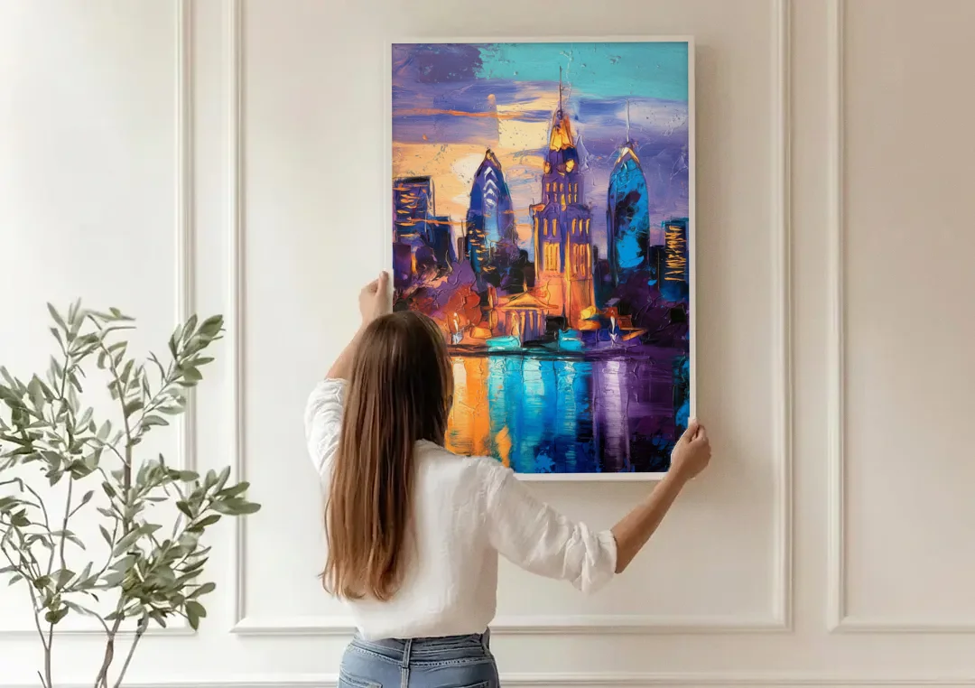 Philadelphia Old City canvas wall art being hung on a paneled wall