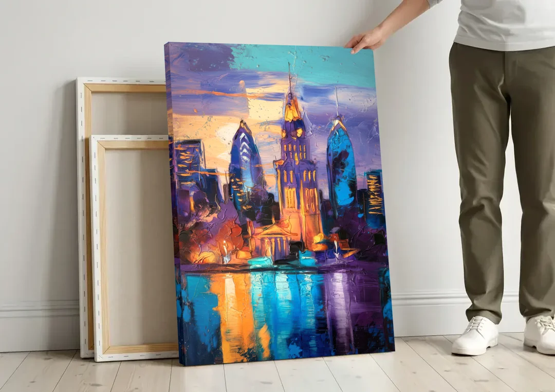 Philadelphia Old City canvas wall art leaning against a wall next to blank canvases