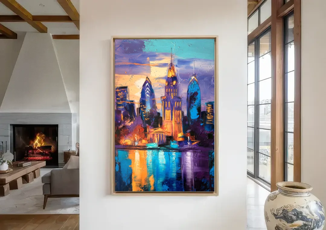 Philadelphia Old City canvas wall art in a living room with a fireplace