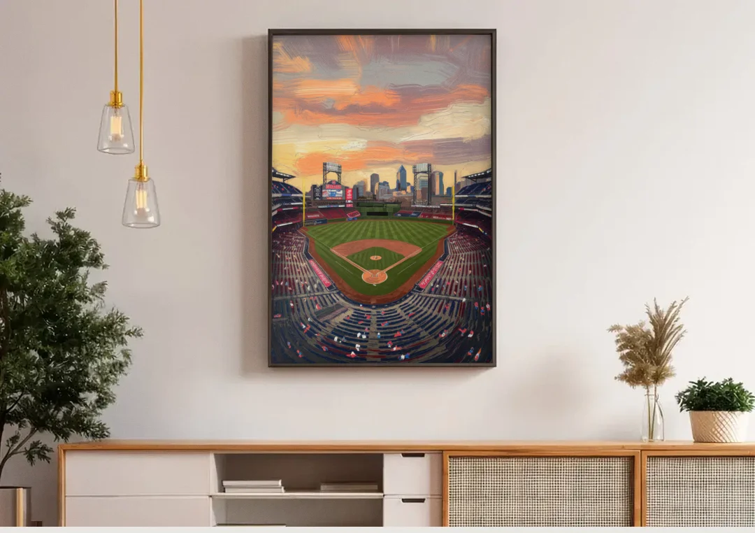 Philadelphia Phillies Ballpark canvas wall art above a wooden sideboard under pendant lights