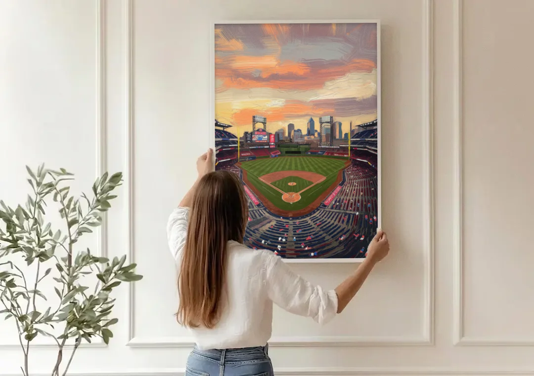 Philadelphia Phillies Ballpark canvas wall art being hung on a paneled wall