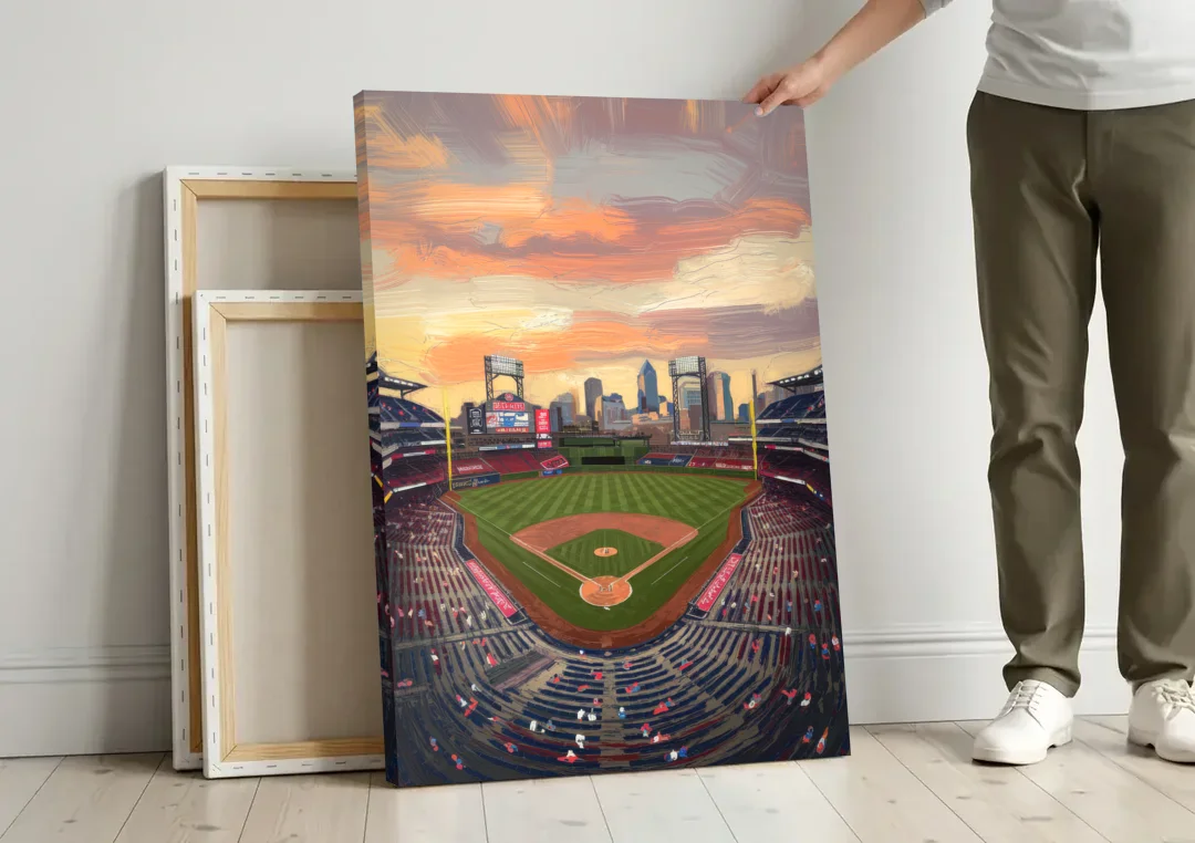 Philadelphia Phillies Ballpark canvas wall art leaning against a wall next to blank canvases
