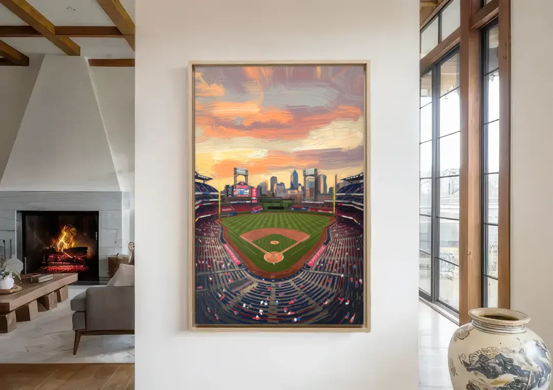 Philadelphia Phillies Ballpark canvas wall art in a living room with a fireplace