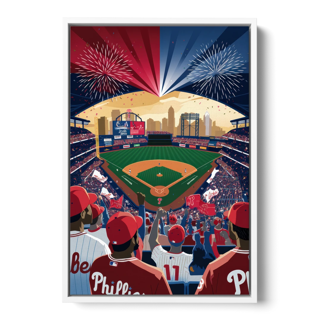 Philadelphia Phillies Celebration - White Framed Canvas Wall Art - Front