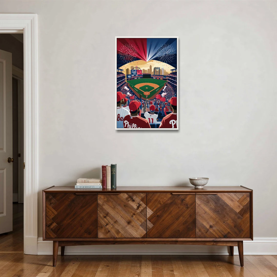 Philadelphia Phillies Celebration - White Framed Canvas Wall Art - Coffee Table - 24x36