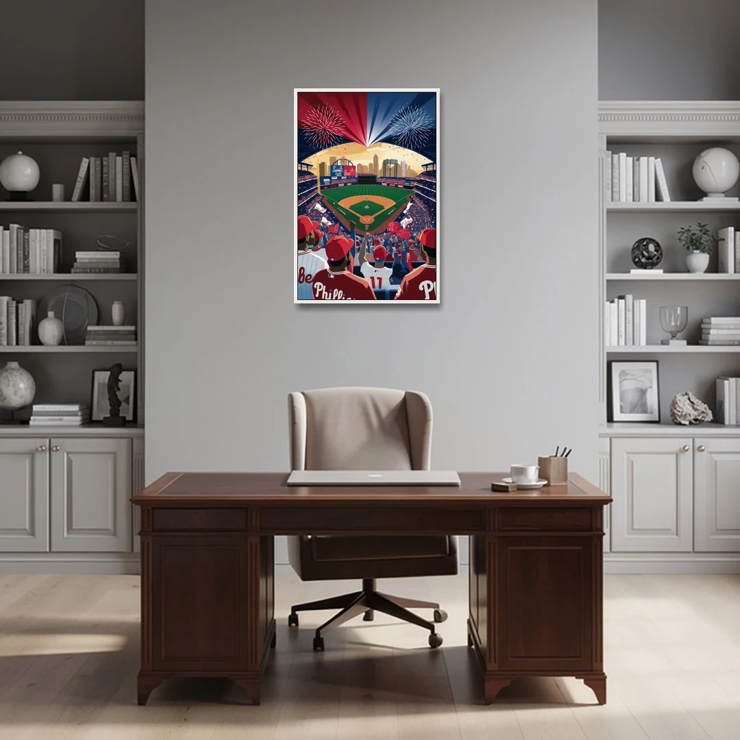 Philadelphia Phillies Celebration - White Framed Canvas Wall Art - Office - 24x36