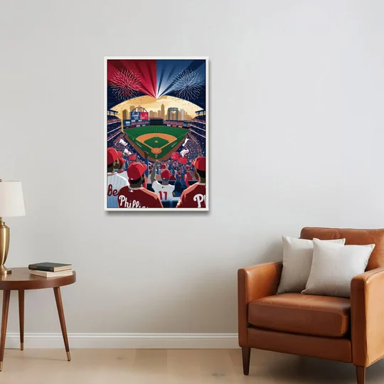 Philadelphia Phillies Celebration - White Framed Canvas Wall Art - Sofa - 24x36