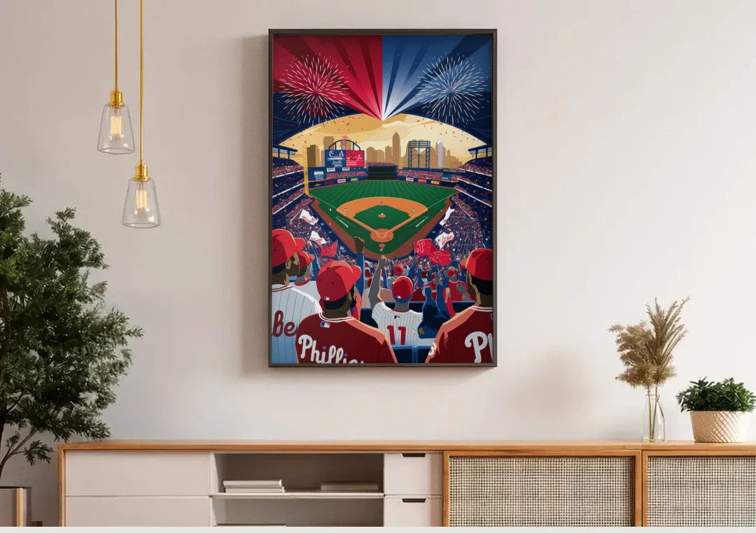Philadelphia Phillies Celebration canvas wall art above a wooden sideboard under pendant lights