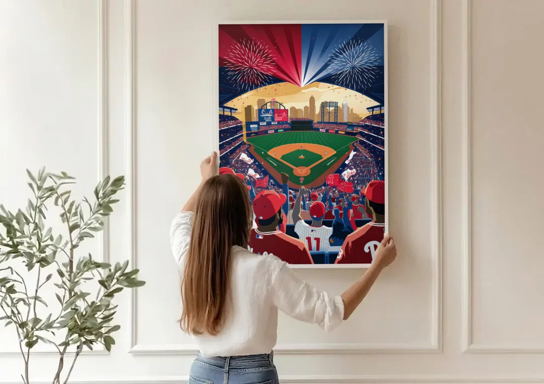 Philadelphia Phillies Celebration canvas wall art being hung on a paneled wall