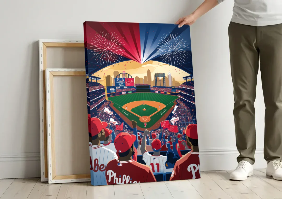 Philadelphia Phillies Celebration canvas wall art leaning against a wall next to blank canvases