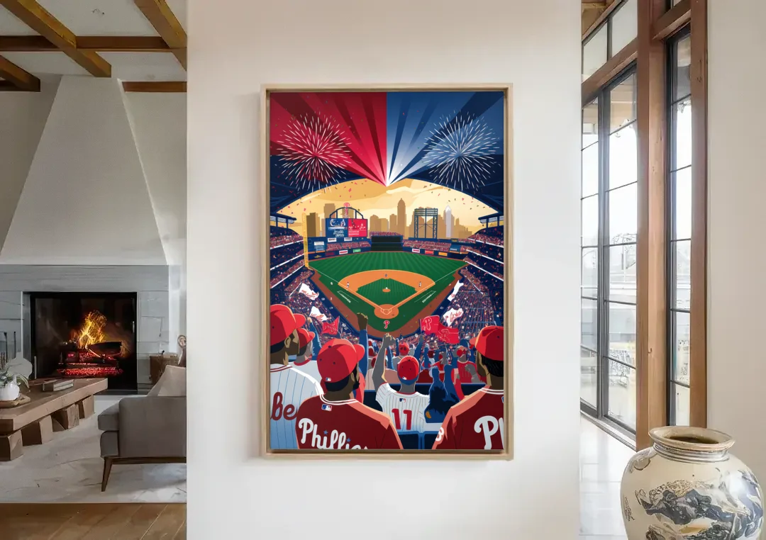 Philadelphia Phillies Celebration canvas wall art in a living room with a fireplace